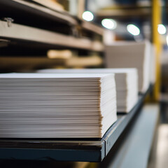 A printing press environment with stacked printed pages.