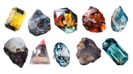 Assorted gemstones and crystals on clear background