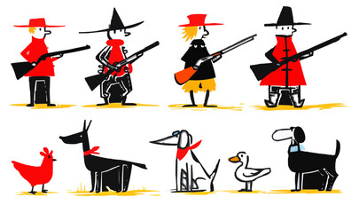Fairy tale, hunters with guns and dogs, isolates, vector graphics, colored icons for children, white background, Red World style. Editable line icons. Vector illustration.