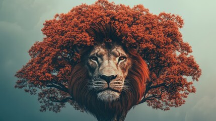 a tree with lion head, surreal, hyperrealistic, similar colours of tree