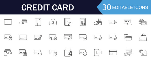 Credit card icon set in line style. This set features linear illustrations of credit card elements such as payment, wallet, security, contactless payment, and transaction. Editable stroke.