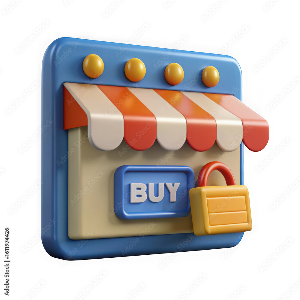 Poster 3d online storefront with buy button and lock isolated on transparent background