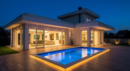 Fototapeta premium Modern Luxury House with Illuminated Swimming Pool and Wooden Deck at Night
