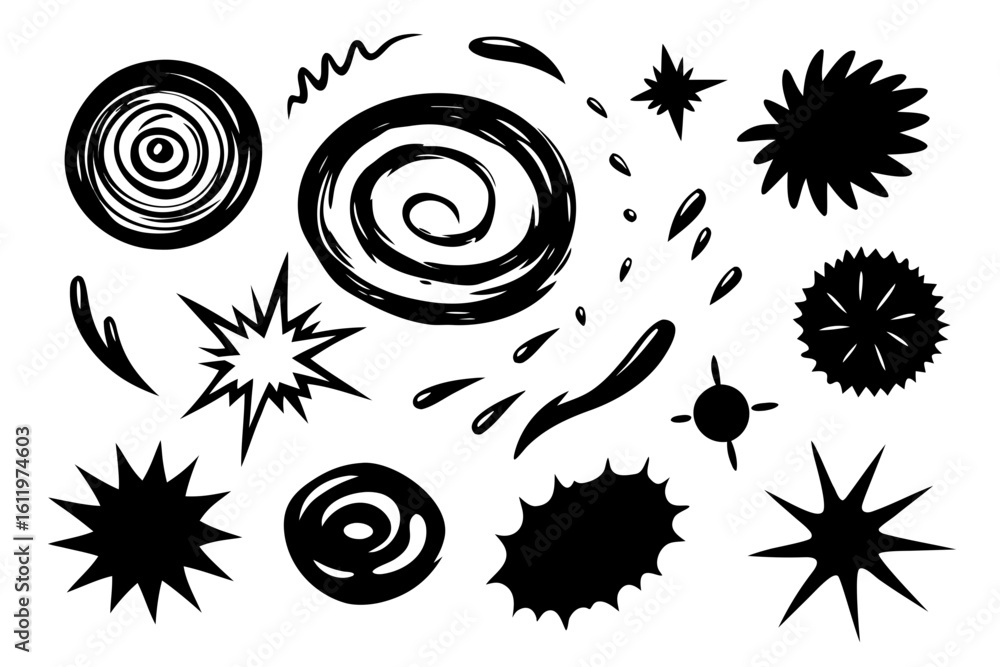 Poster dynamic collection of black abstract graphic elements and bursts, perfect for creating energetic des
