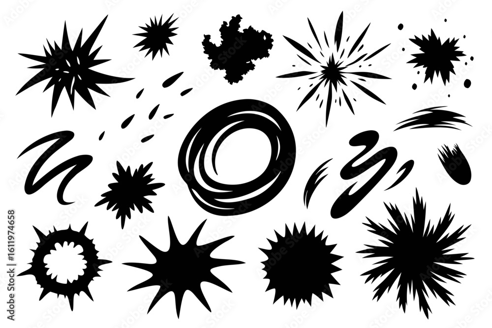 Poster dynamic collection of abstract splash shapes and explosion bursts in bold black, perfect for adding 