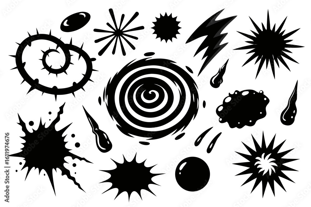 Poster dynamic collection of black abstract shapes and effects bursting with energy, perfect for adding vis