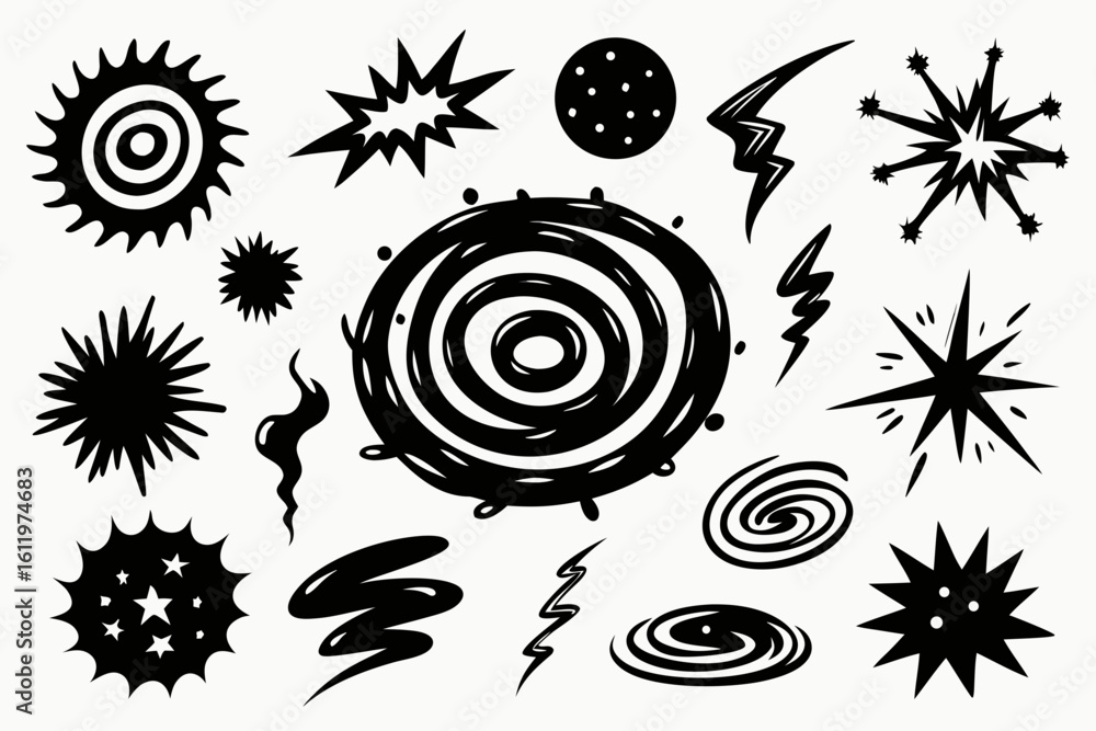 Poster dynamic burst and spiral graphic elements evoking energy, motion, and abstract concepts for modern d