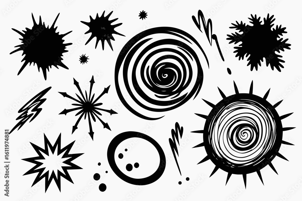 Poster explosive abstract shapes and dynamic starbursts create a vibrant, energetic visual impact perfect f