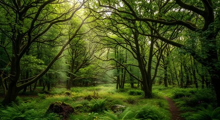 Obraz premium Lush Green Forest Scene with Sunlight Filtering Through Trees | Tranquil Woodland Landscape for Nature Tourism and Ecotourism Campaigns