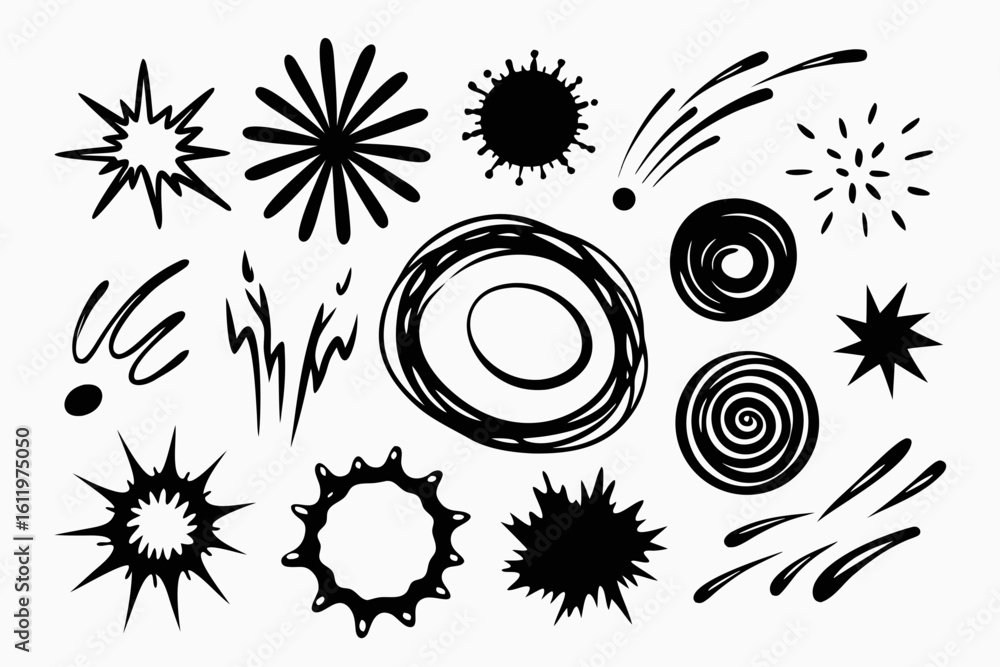Poster dynamic collection of hand-drawn abstract graphic elements and bursts, perfect for adding energetic 