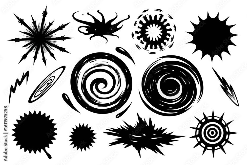 Poster dynamic black abstract shapes and bursts create a modern, energetic visual collection perfect for im