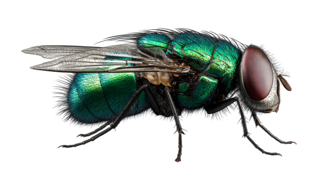 Detailed close up of a vibrant green fly on a transparent background