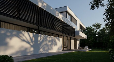 Obraz premium Modern Luxury Residence with Lush Greenery and Sunlight