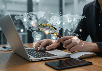 Man using magnifying glass on laptop with global network overlay