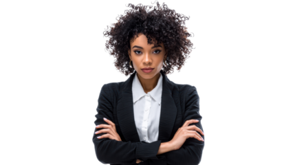 Professional woman with curly hair in formal attire posing confidently