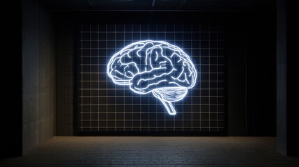 Neon Brain Outline Illuminating Dark Grid Wall in Modern Space With Blank Right Margin