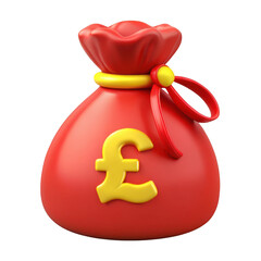 3d red money bag with pound symbol isolated on transparent background