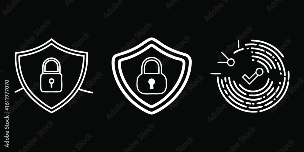 Poster vector art of a trio of icons featuring shields with locks and a digital security network graphic.