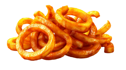 Crunchy golden curly fries served on a transparent background