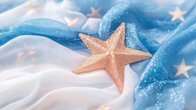 Rose Gold Star on White and Blue Fabric with Glitter 