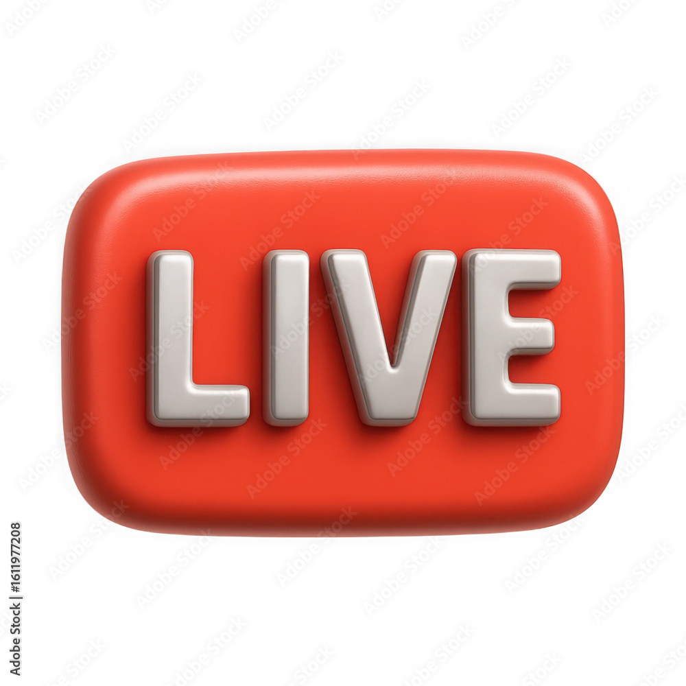 Poster bright red rounded button with the word live in white 3d rendering letters isolated on transparent b