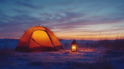 Sunset Tundra Camping: Warm Candlelight near Tent