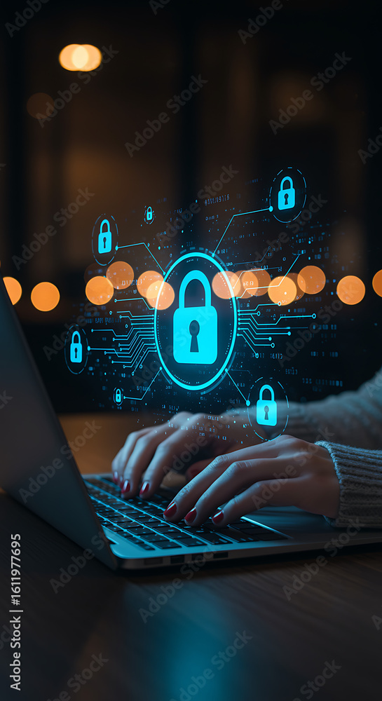 Poster cybersecurity concept showing a person using a laptop with glowing digital security icons and networ