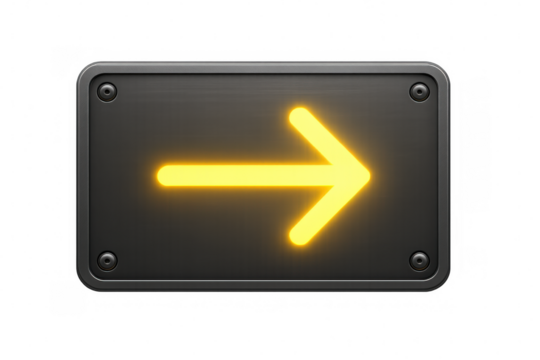 Yellow neon arrow pointing right on transparent background