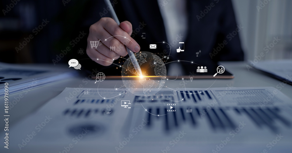 Aufkleber visualization of global digital communication and online across multiple platforms, including global