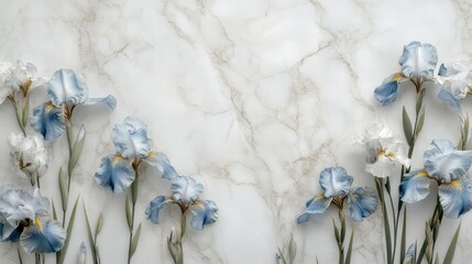 high-end white marble background, details, with full of blue and white irises, © faiz