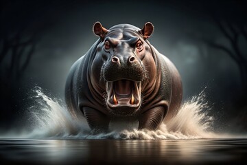 Hippopotamus charging through water with open mouth and tusks
