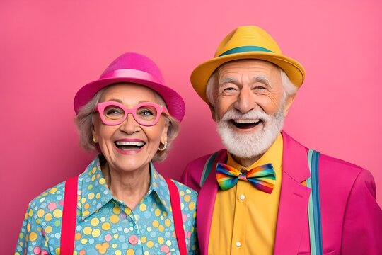 Joyful elderly couple in colorful hats and clothing - Powered by Adobe