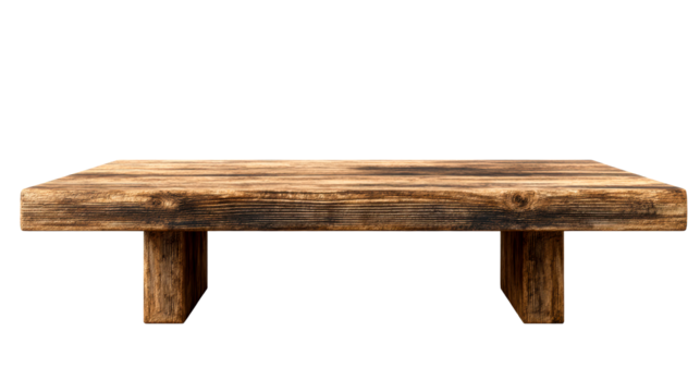 Wooden table with rustic design featuring a transparent background