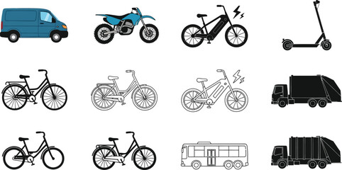 Transportation vehicles vector set: van, motorcycle, bike, scooter, truck, bus, bicycle
