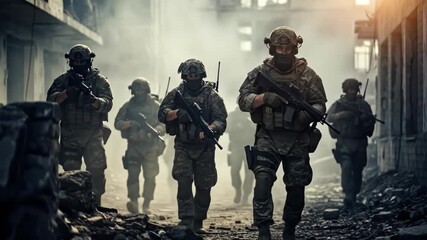 A group of heavily armed soldiers in tactical gear advances through a smoke-filled, war-torn urban environment, showcasing bravery and determination in the face of adversity during a military