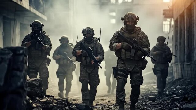 A group of heavily armed soldiers in tactical gear advances through a smoke-filled, war-torn urban environment, showcasing bravery and determination in the face of adversity during a military