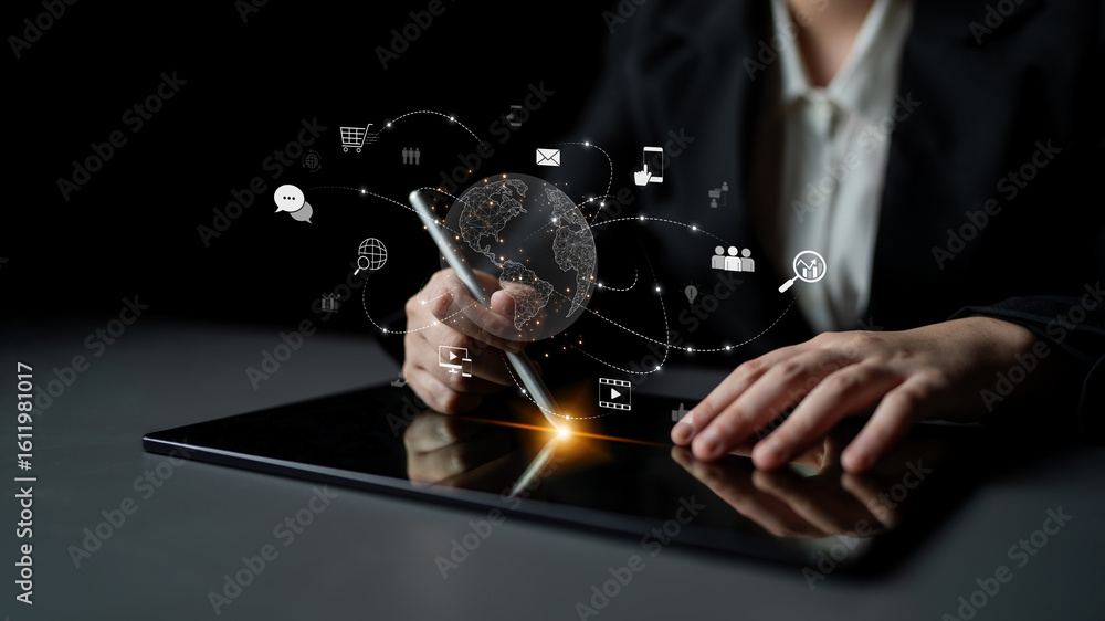Aufkleber visualization of global digital communication and online across multiple platforms, including global