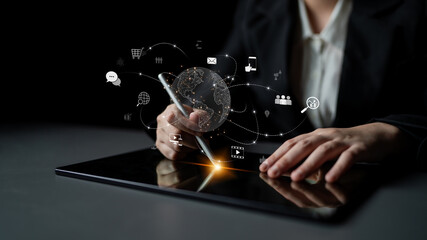 Visualization of global digital communication and online across multiple platforms, including global network, digital network, communication network, and online network. Latch