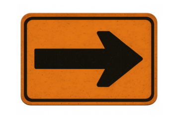 Orange road sign with black arrow pointing right on transparent background