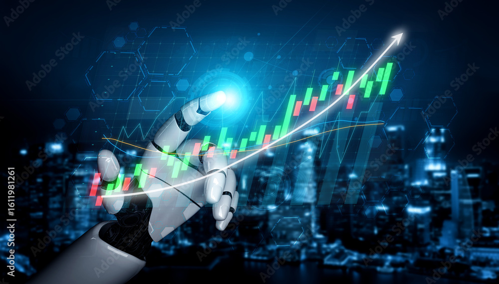 Poster robotic hand touching financial growth chart with graphs and city background in high-technology envi