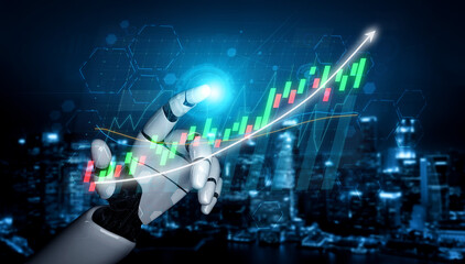 Robotic Hand Touching Financial Growth Chart with Graphs and City Background in High-Technology Environment Impute.