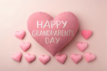 Pink heart pillow with happy grandparents day text and smaller hearts