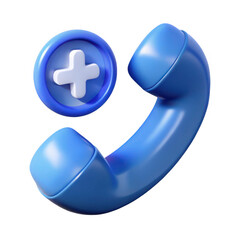 3d blue telephone receiver with plus icon isolated on transparent background