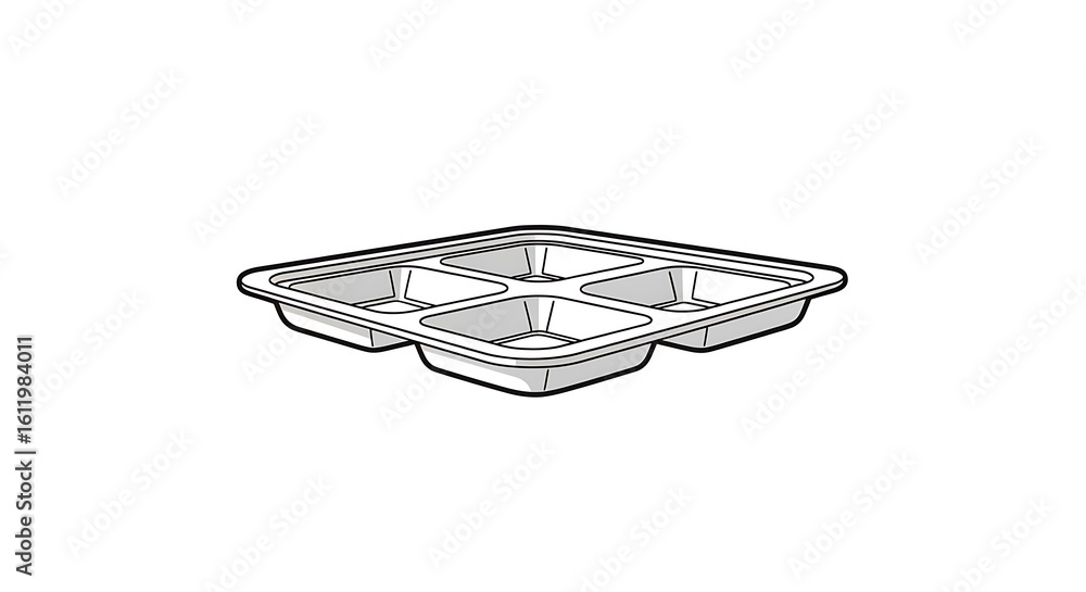 Poster a white tray with four square compartments is centered against a white background in a line drawing 