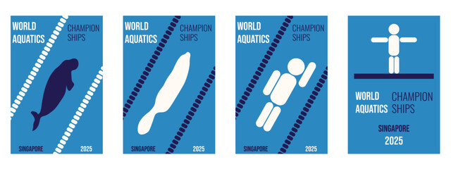 World Aquatics championships poster cover set. Vector illustration of abstract dugong and otter on Aquatics sport competition poster collection. EPS 10