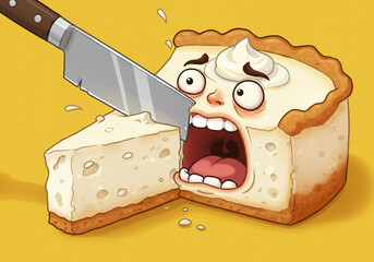 Cheesecake getting sliced and screaming cartoonishly