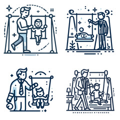 Father pushing swing with child happily playing in playground  