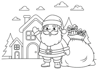 Santa Claus with a Big Sack of Gifts Standing in Front of Cozy Christmas Houses | Holiday Coloring Page