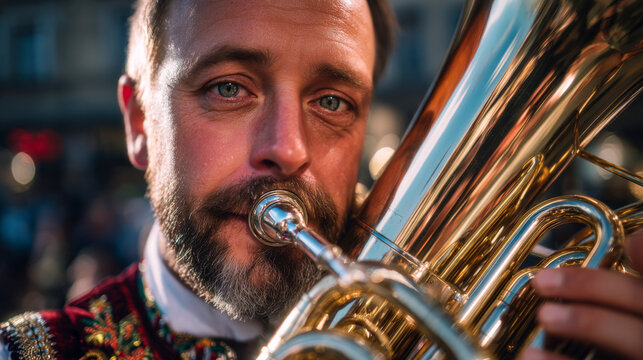 Brass band tuba player in traditional attire performing on Oktoberfest music stage
