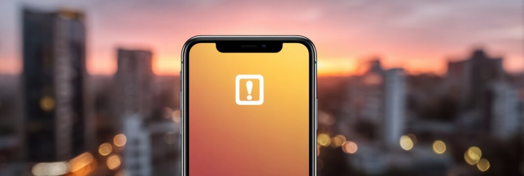 Notification Alert From Banking Application With Warning Icon Set Against a Blurred Urban Sunset Background